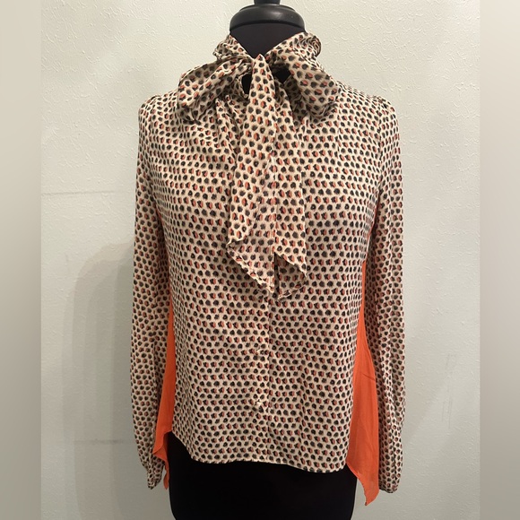 Ryu Cream and Black Polka Dot Blouse with Orange Accents - Picture 1 of 4
